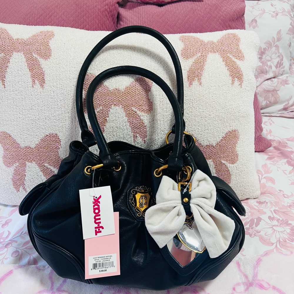 Juicy Couture Romance Hobo Black Satchel Bag with Cream Bow